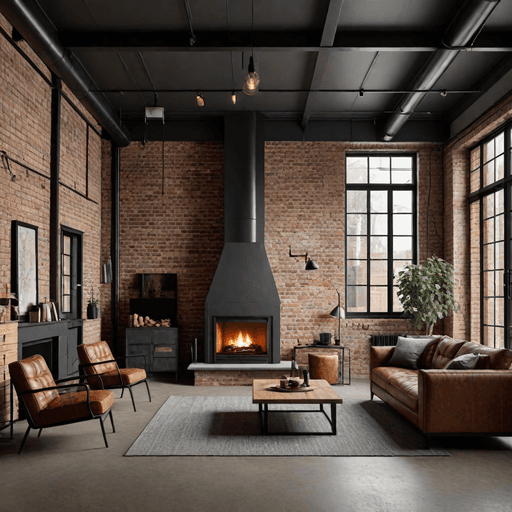 Industrial loft living room with side fireplace featuring exposed brick and steel frame
