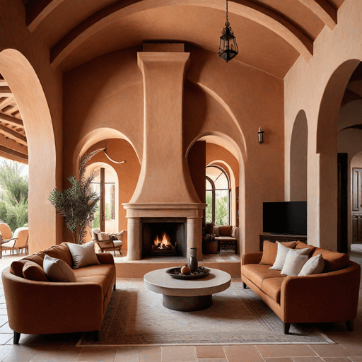 Mediterranean style living room with arched stucco fireplace and terracotta tiles