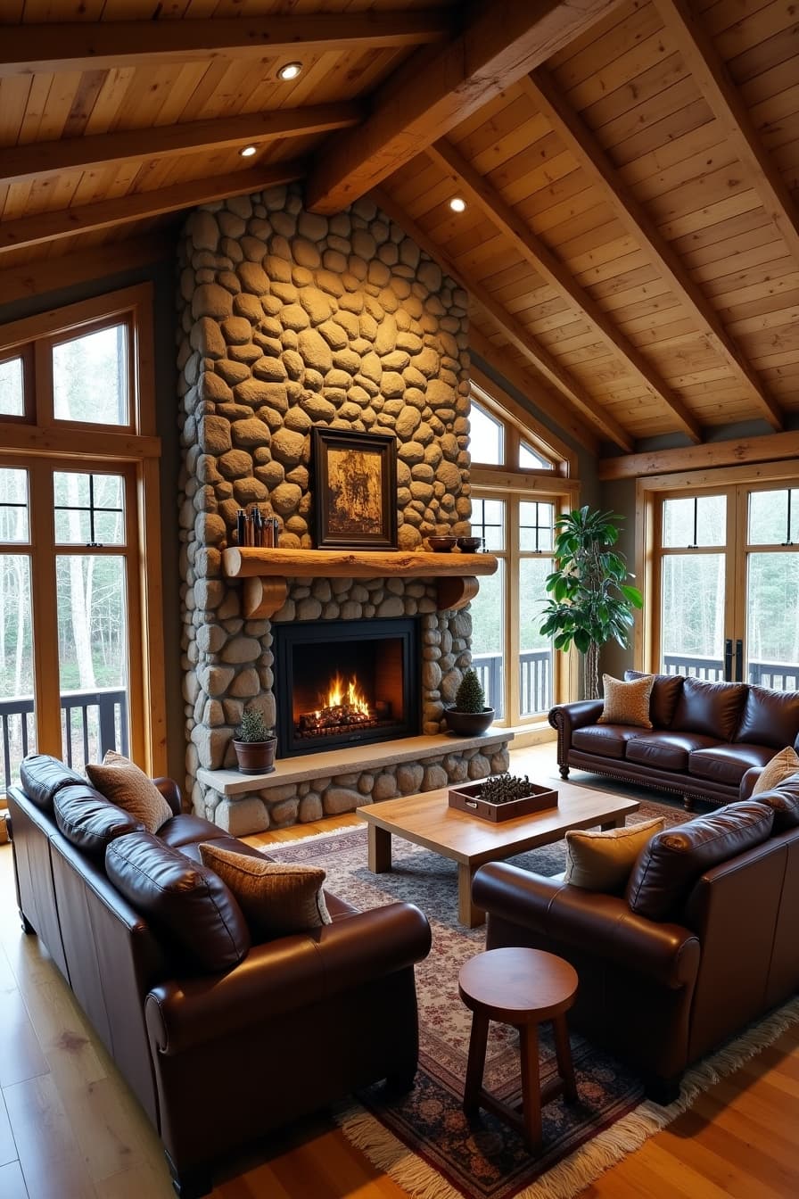 Rustic cabin living room with river rock side fireplace and exposed log beam mantel