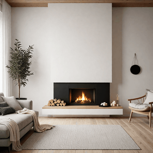 Scandinavian living room with minimalist white fireplace and light wood accents