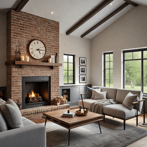 Brick fireplace with adjacent built-in reading nook and cushioned seating