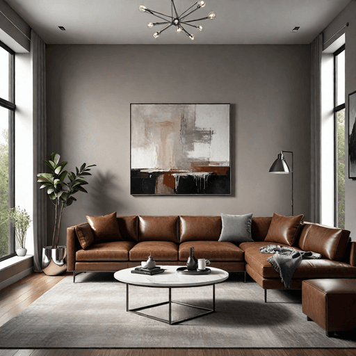 Contemporary living room with two-tone gray walls and modern brown leather furniture