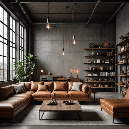 Industrial loft living room with exposed gray concrete walls and cognac leather furniture