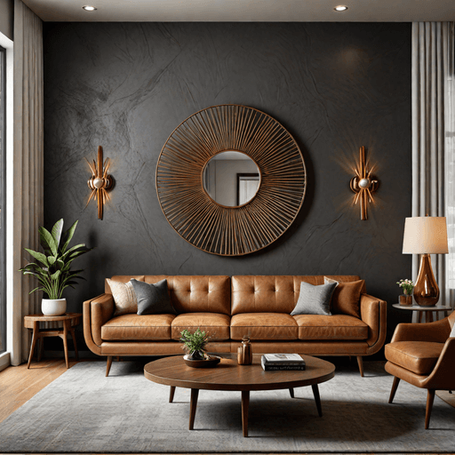 Mid-century modern living room with slate gray feature wall and caramel leather furniture