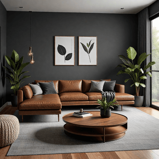 Modern minimalist living room with charcoal gray walls and brown leather furniture