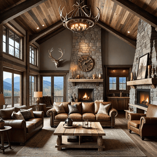 Rustic cabin living room with weathered gray wood walls and distressed brown leather seating