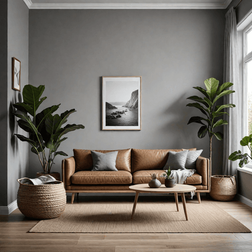 Scandinavian living room with cool gray walls and light brown leather furniture in minimalist style