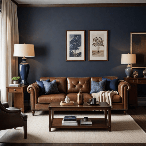 Transitional living room with warm gray walls and classic brown leather Chesterfield sofa