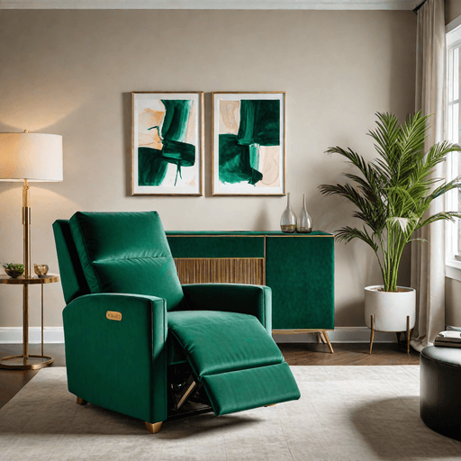 Bold colored recliner as focal point in neutral living room