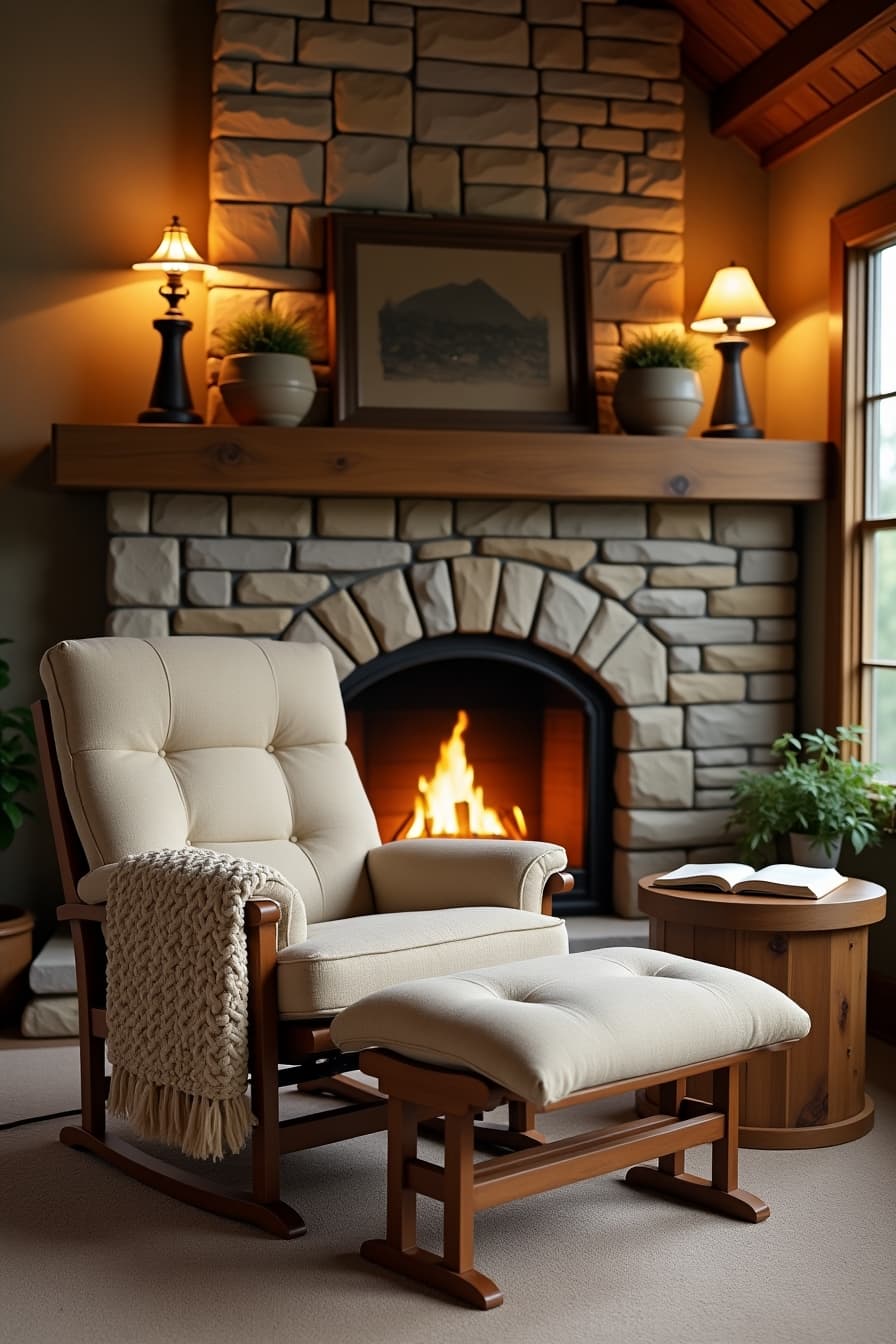 Cozy fabric recliner positioned next to fireplace