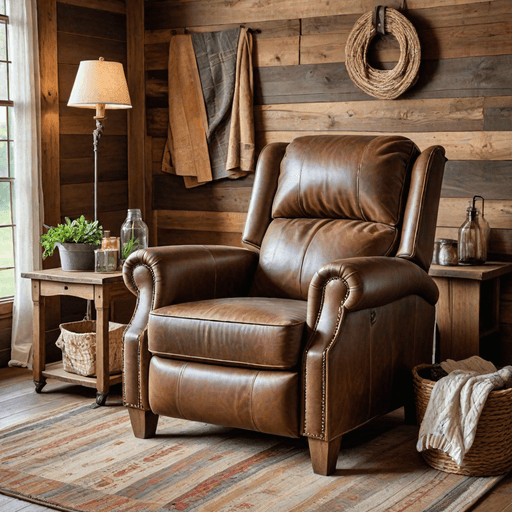 Distressed leather recliner in rustic farmhouse living room