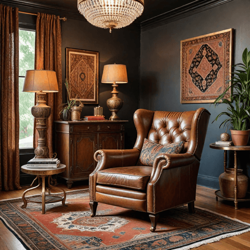Vintage leather recliner in eclectic bohemian living room