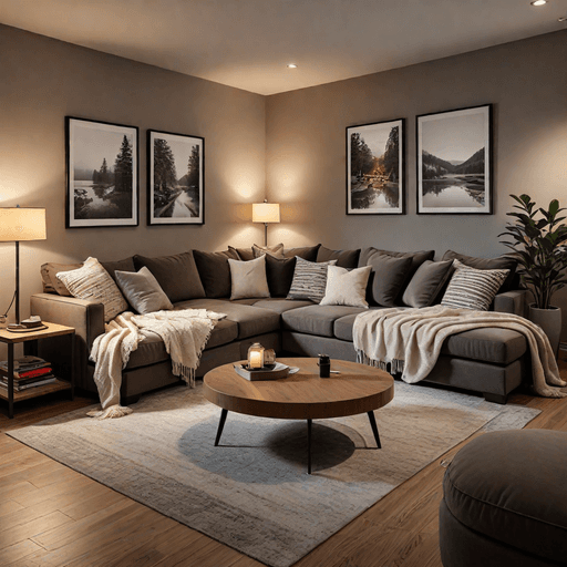 Corner sectional with chaise lounge in cozy living room setup with soft lighting