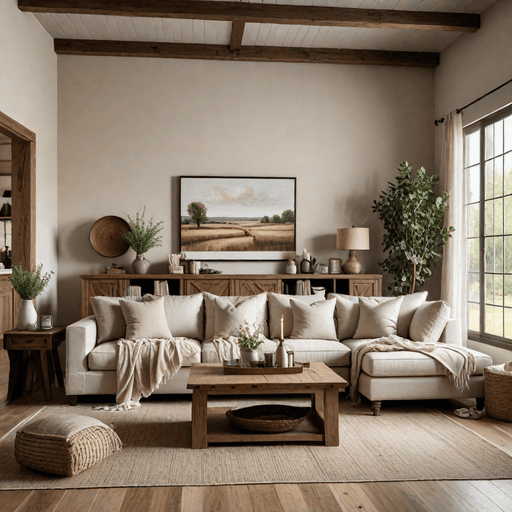 Farmhouse style sectional in natural linen with rustic wood coffee table and cozy throws