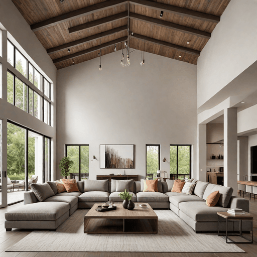 Large wraparound sectional sofa in spacious open concept living room with high ceilings