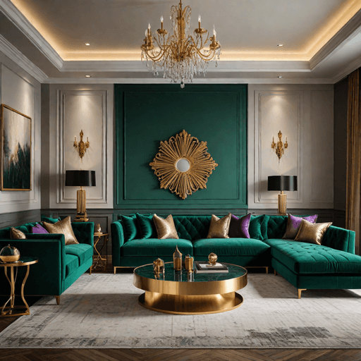 Luxurious velvet sectional in deep emerald green with gold accents in elegant living room