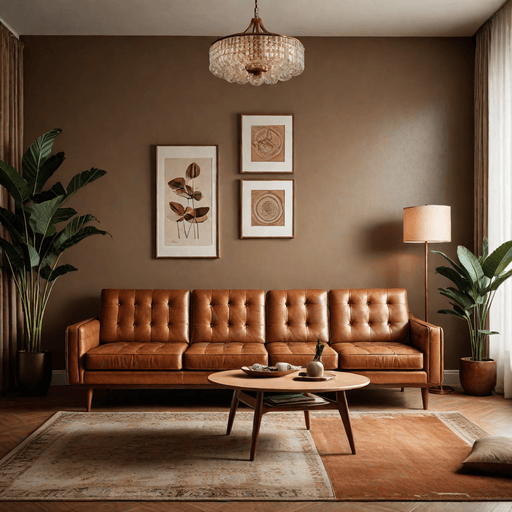 Mid-century modern sectional with button tufting in warm cognac leather with wood legs