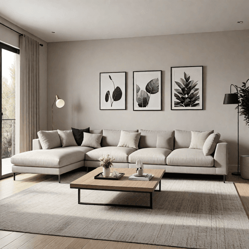Modern L-shaped sectional in neutral beige and gray tones in contemporary living room