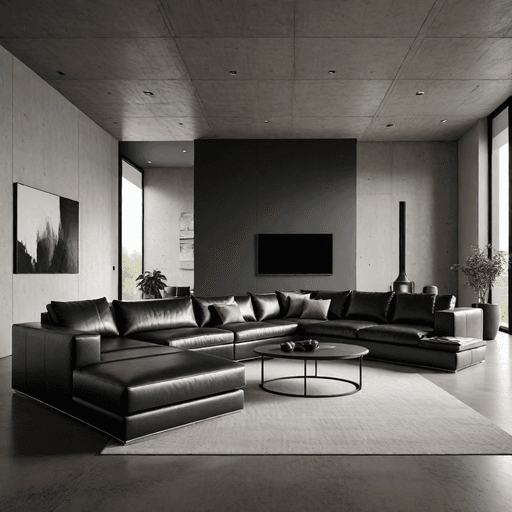 Contemporary black leather sectional in minimalist living room with concrete floors