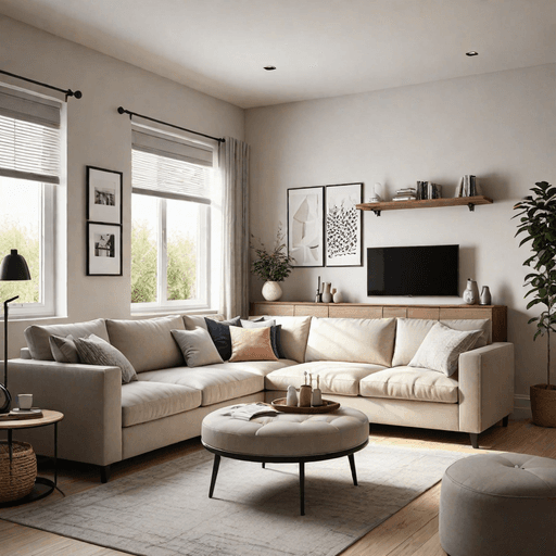 Compact sectional sofa with storage ottoman in small apartment living room