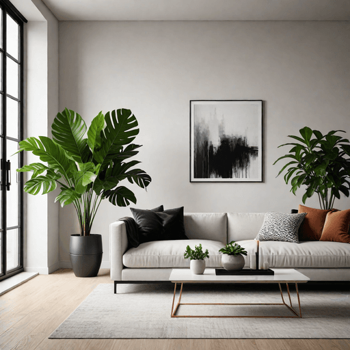 Minimalist living room with strategically placed plants and greenery