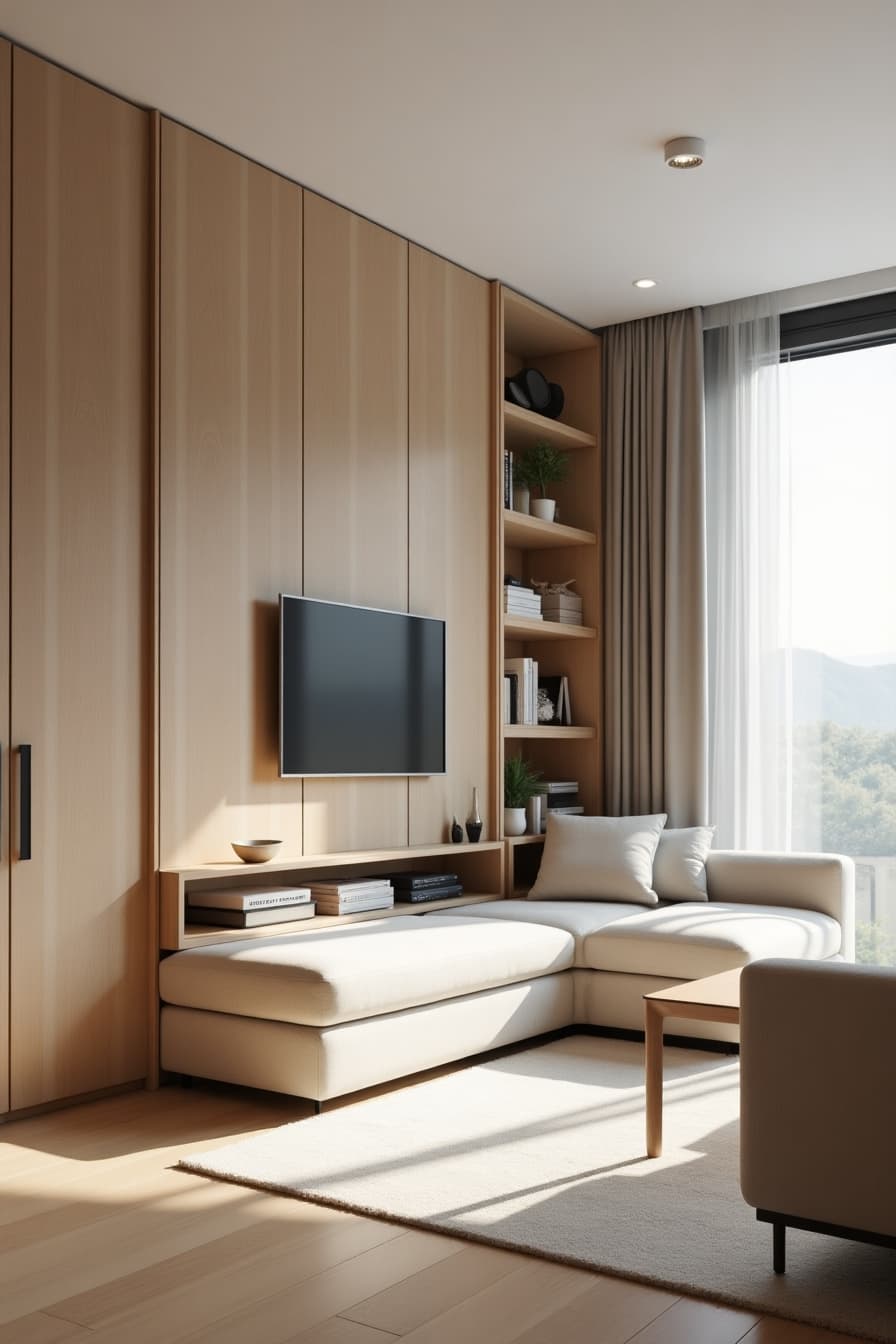 Minimalist living room with hidden storage furniture