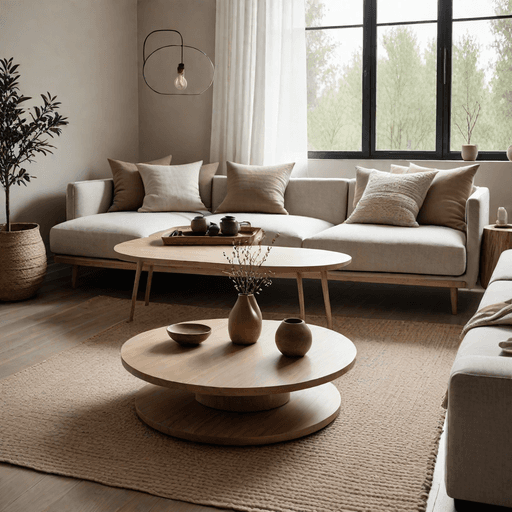 Minimalist living room featuring natural wood and organic textures