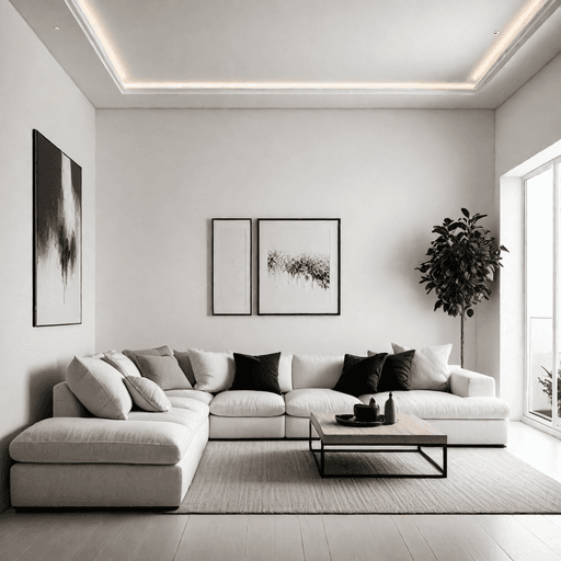 All-white minimalist living room with white furniture, walls and soft textures