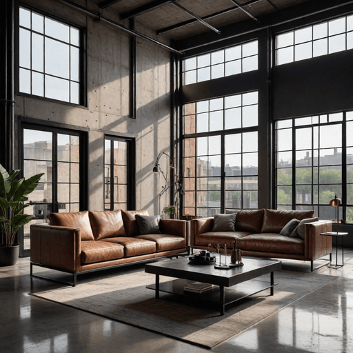 Modern minimalist living room with black steel frame furniture and large glass windows