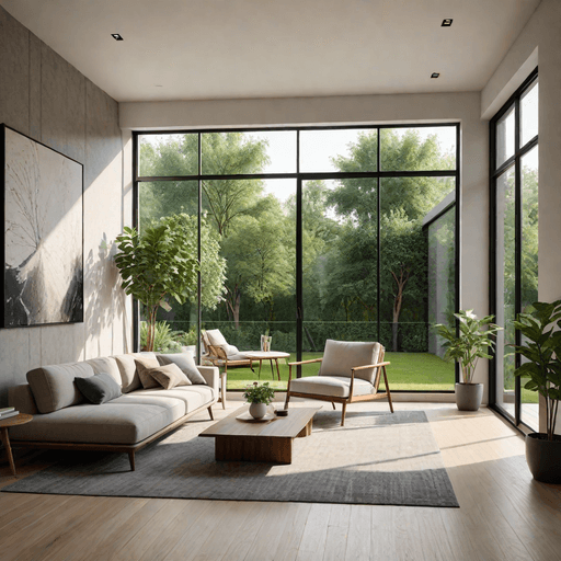 Minimalist living room with floor-to-ceiling windows overlooking a garden with simple modern furniture