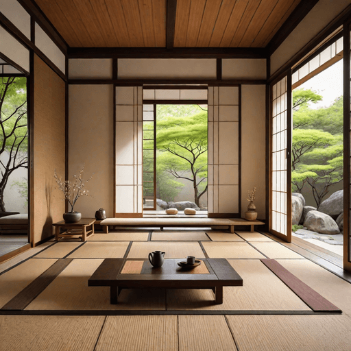 Japanese minimalist living room with tatami mats, low wooden furniture and sliding paper screens