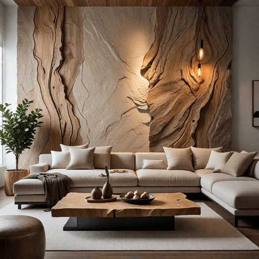 Minimalist living room featuring live-edge wood coffee table and natural stone accent wall