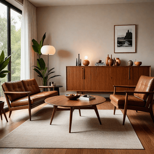 Mid-century modern minimalist living room with teak furniture and cognac leather seating