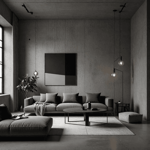 Monochromatic gray minimalist living room with concrete walls and modern furniture
