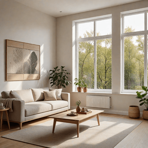Scandinavian minimalist living room with white oak furniture and linen upholstery