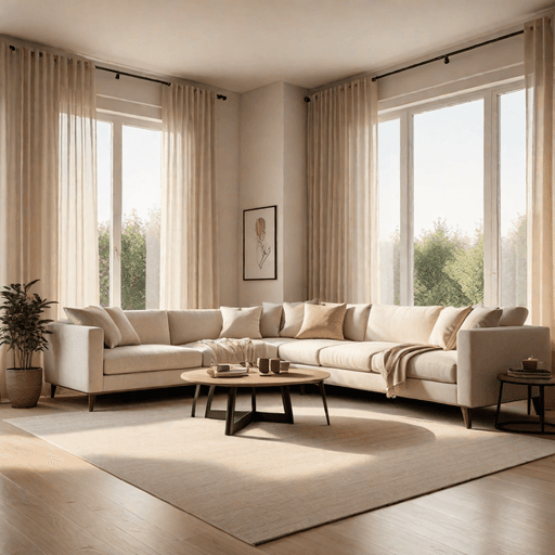 Warm minimalist living room with beige and cream furniture and soft natural lighting