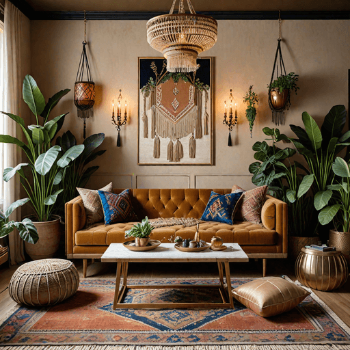 Bohemian eclectic living room with camel velvet couch