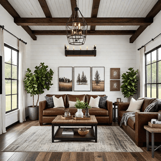 Contemporary farmhouse living room with distressed brown leather sofa
