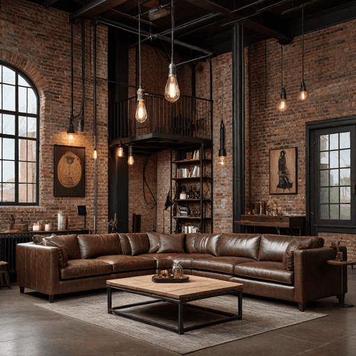 Industrial chic loft with dark chocolate sectional sofa