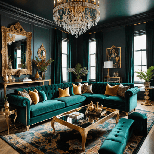 Maximalist glam living room with chocolate velvet statement sofa