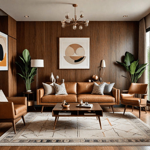 Mid-century modern living room with tan leather sofa and walnut furniture