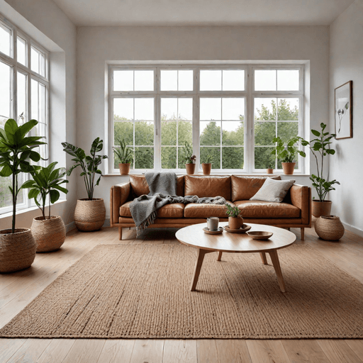 Minimalist Scandinavian living room with cognac leather sofa