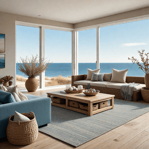 Modern coastal living room with driftwood brown sectional sofa