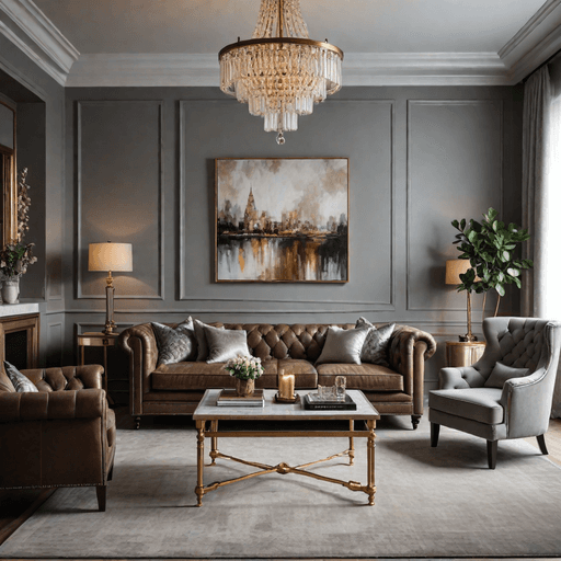 Transitional elegant living room with tufted brown Chesterfield sofa