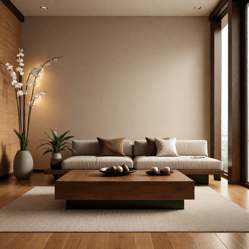 Zen minimalist living room with warm brown daybed