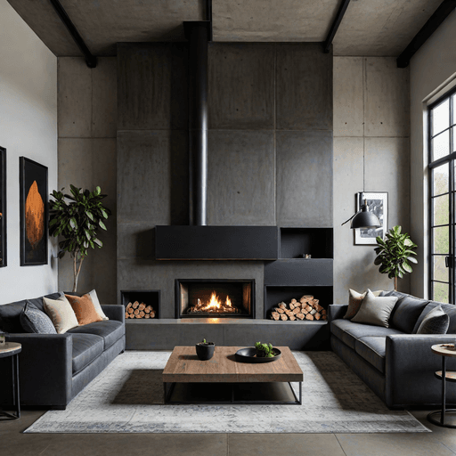 Industrial modern living room with black steel fireplace and polished concrete hearth