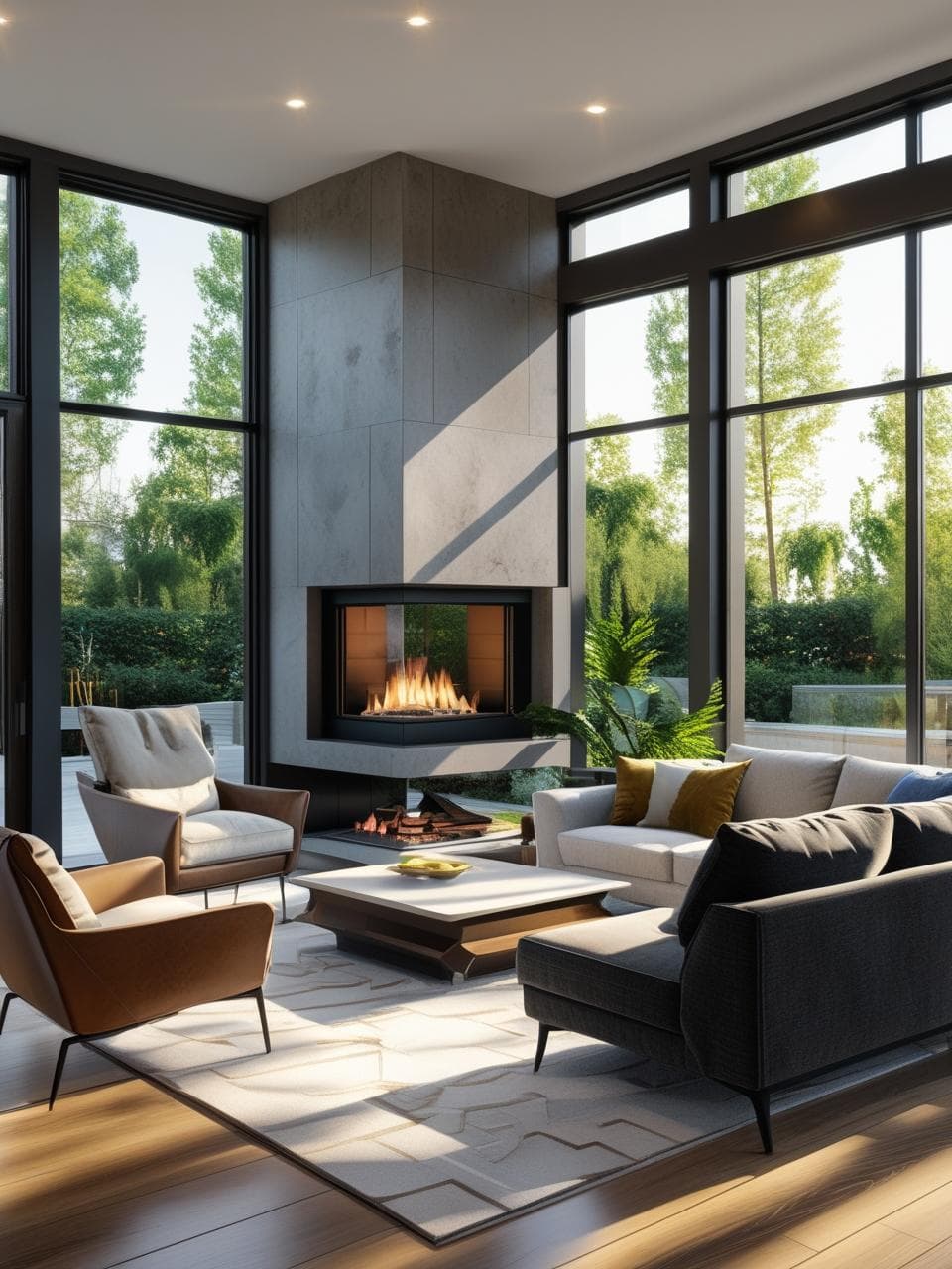Modern corner living room with angled fireplace and large floor-to-ceiling windows