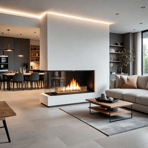 Modern open-plan living space with double-sided fireplace serving as room divider