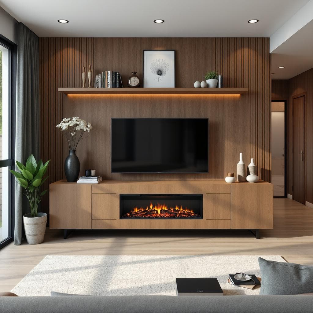 Contemporary living room with sleek electric fireplace integrated into modern media console