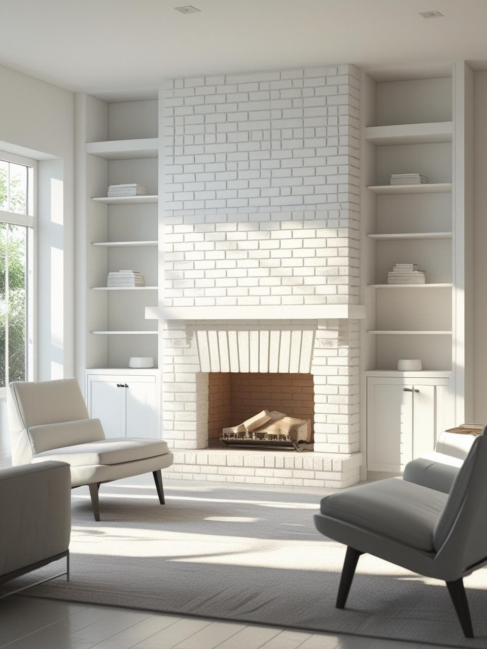 Minimalist living room with white brick fireplace and integrated built-in shelving